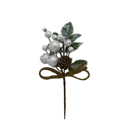 HASTE PEROLA BRANCA COM FOLHAGEM - ALT 24 CM (CF0037)