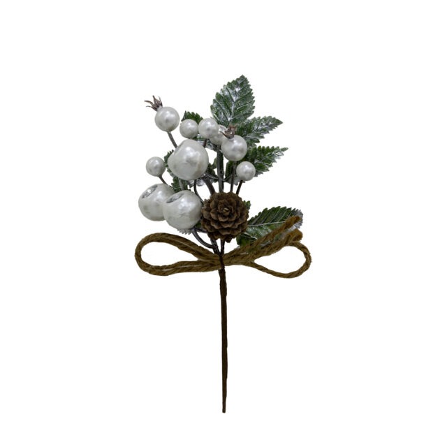 HASTE PEROLA BRANCA COM FOLHAGEM - ALT 24 CM (CF0037)