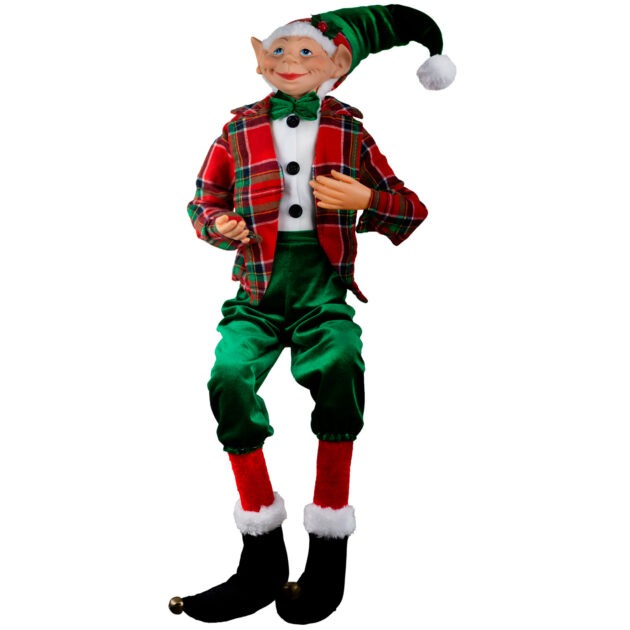 ELFO SENTADO CASACO XADREZ VERMELHO - ALT 77 CM (CL1028)