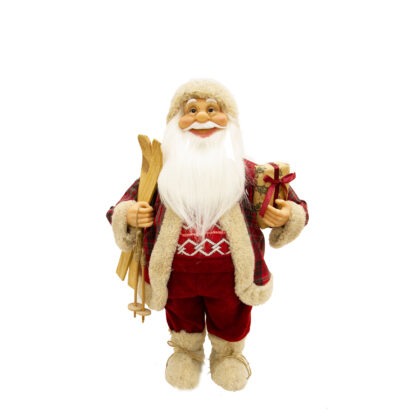 PAPAI NOEL CASACO VERMELHO COM PRESENTES NA MAO E ESQUI NA OUTRA - ALT 30 CM (CS0031)