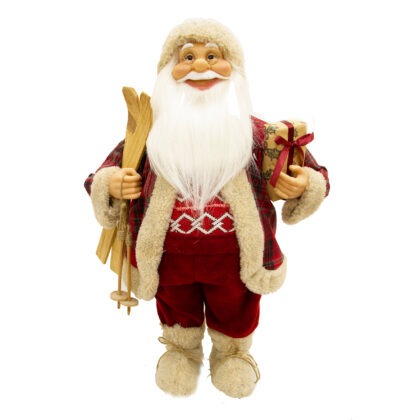 PAPAI NOEL CASACO VERMELHO COM PRESENTES NA MAO E ESQUI NA OUTRA - ALT 80 CM (CS0034)