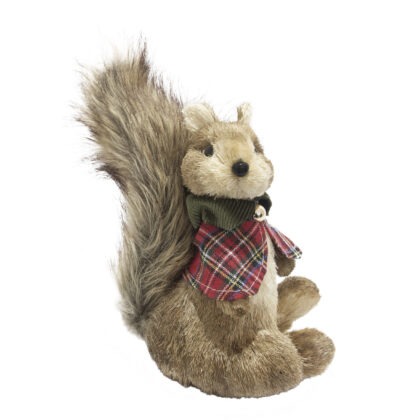 ESQUILO MENINA VELUDO VERDE E XADREZ VERMELHO P - ALT 21 CM X LARG 14 CM (CL0462)