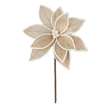 POINSETIA JUTA BEGE COM PEROLAS X 11 - ALT 35 X DIAM 27 CM (CF1089)